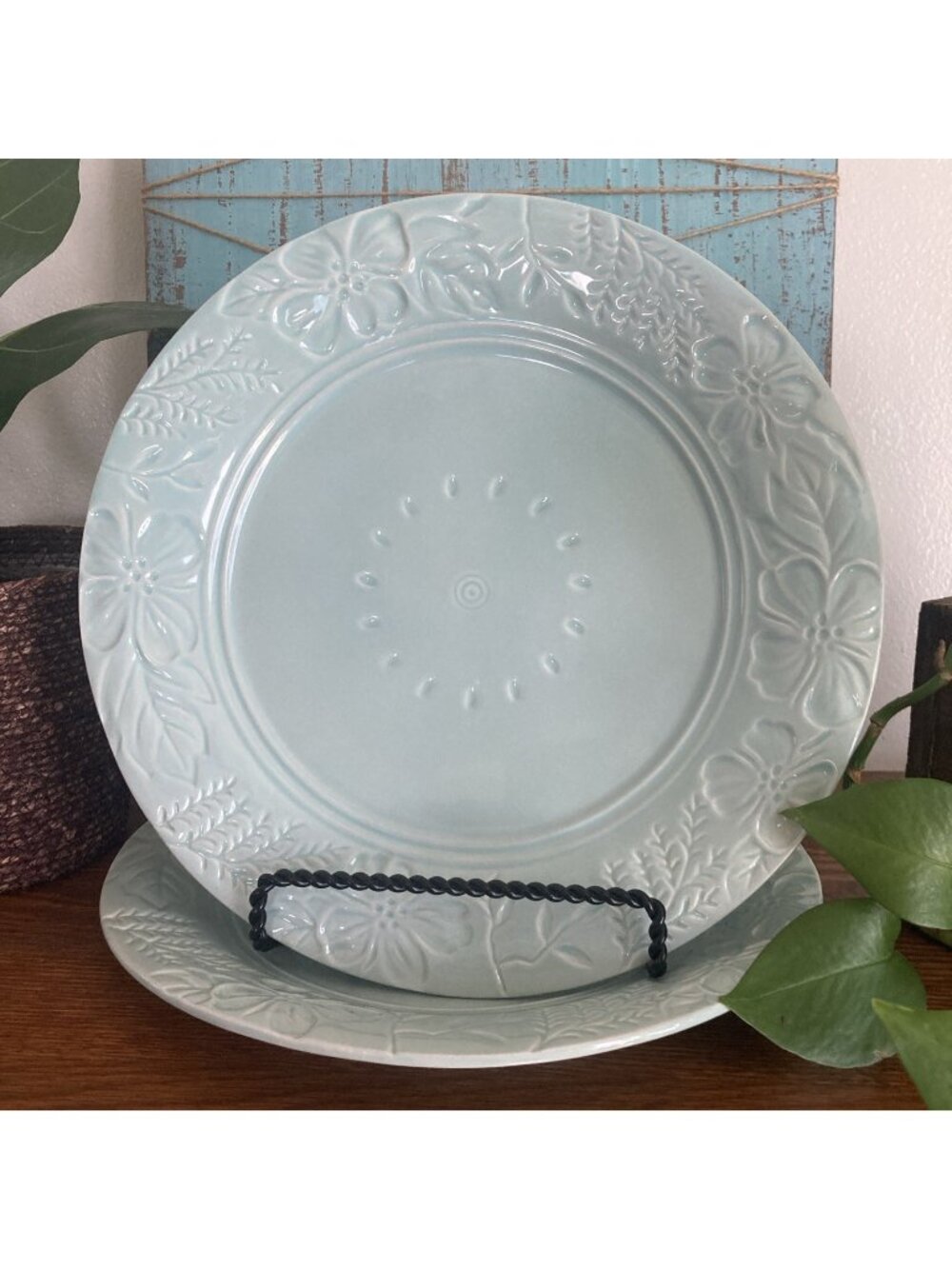Fitz and Floyd 2 pc English Garden Dinner Plates 11.25" Turquoise Teal Floral